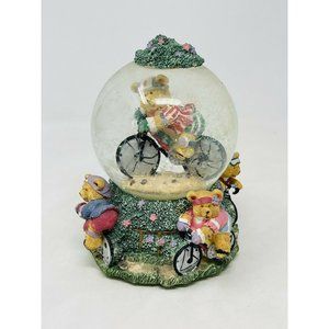 Bicycling Teddy Bear Ceramic Snow Globe Music Box Bike Bicycle